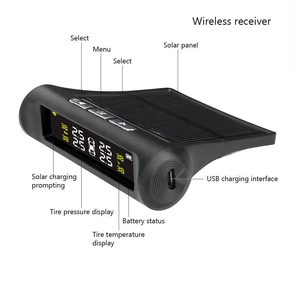 Sistema TPMS Solar 4 Sensores Externos – Monitor Presión Neumáticos
