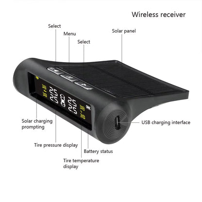 Sistema TPMS Solar 4 Sensores Externos – Monitor Presión Neumáticos