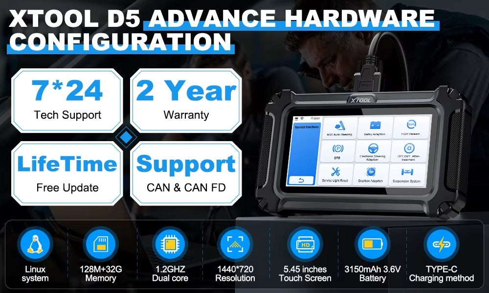 XTOOL D5 Escáner Automotriz Profesional  5 Sistemas + 10 Reseteos CAN / CAN-FD AutoAuth FCA Actualizaciones Gratis de por Vida