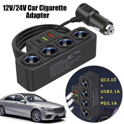 Encendedor de Cigarrillos para Coche + 3 Puertos USB – 120W (4 Tomas)