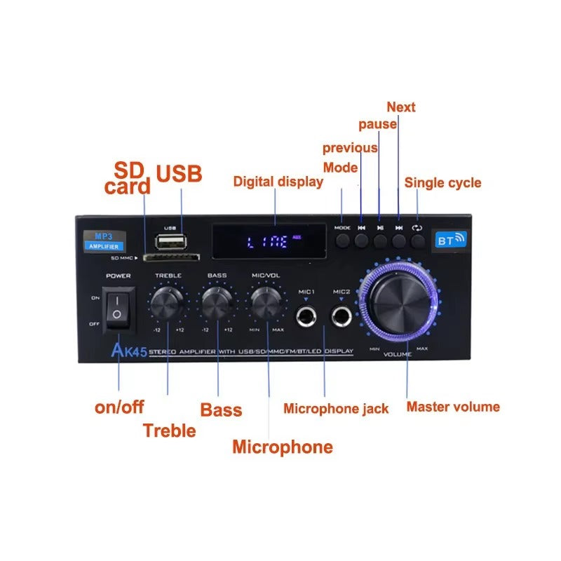 Amplificador de Audio Digital Bluetooth AK45 Estéreo 2.0 HiFi 350W x2 con FM, USB y Control Remoto
