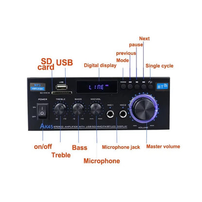Amplificador de Audio Digital Bluetooth AK45 Estéreo 2.0 HiFi 350W x2 con FM, USB y Control Remoto