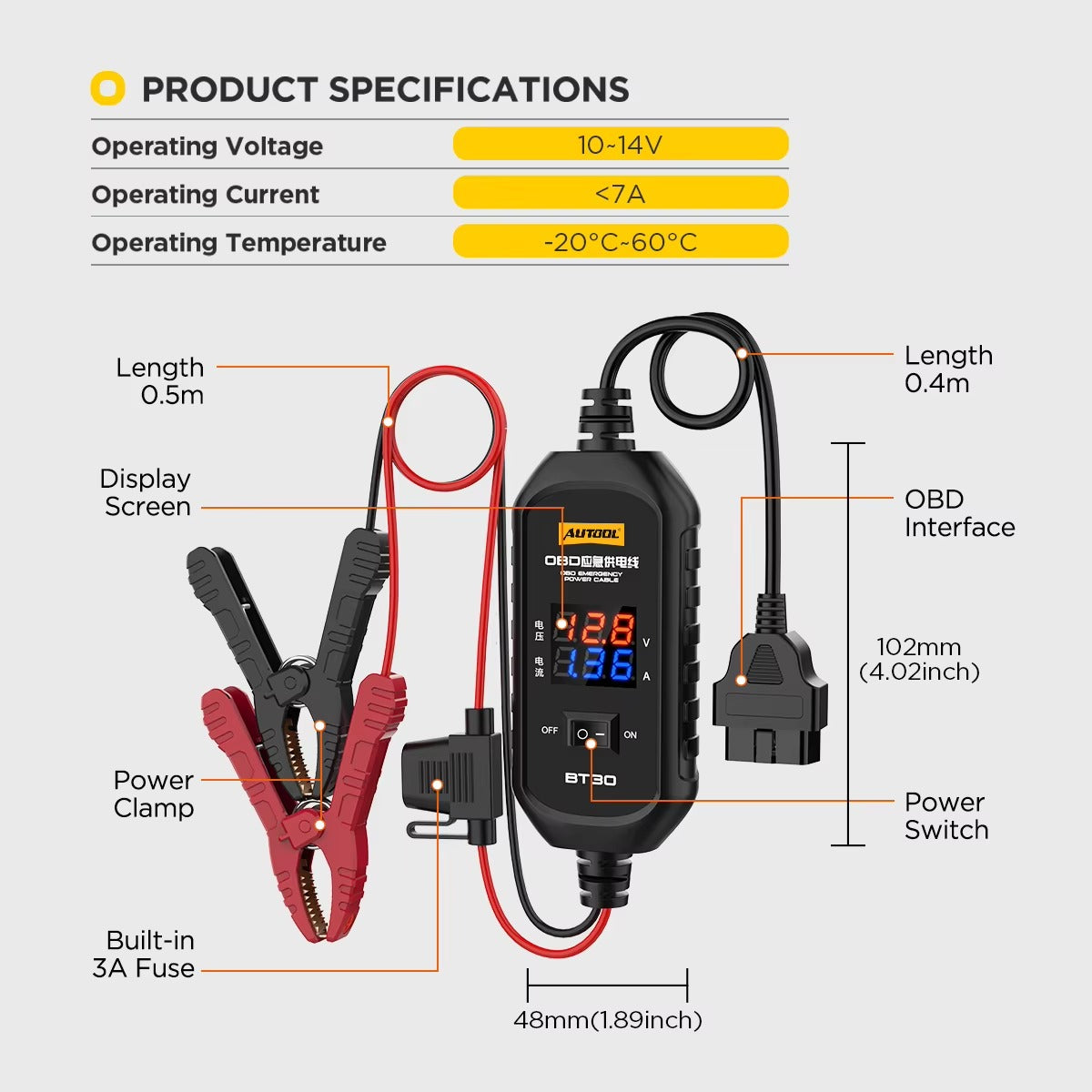 AUTOOL BT30 – Cable de Alimentación de Emergencia OBD | Ahorro de Memoria ECU