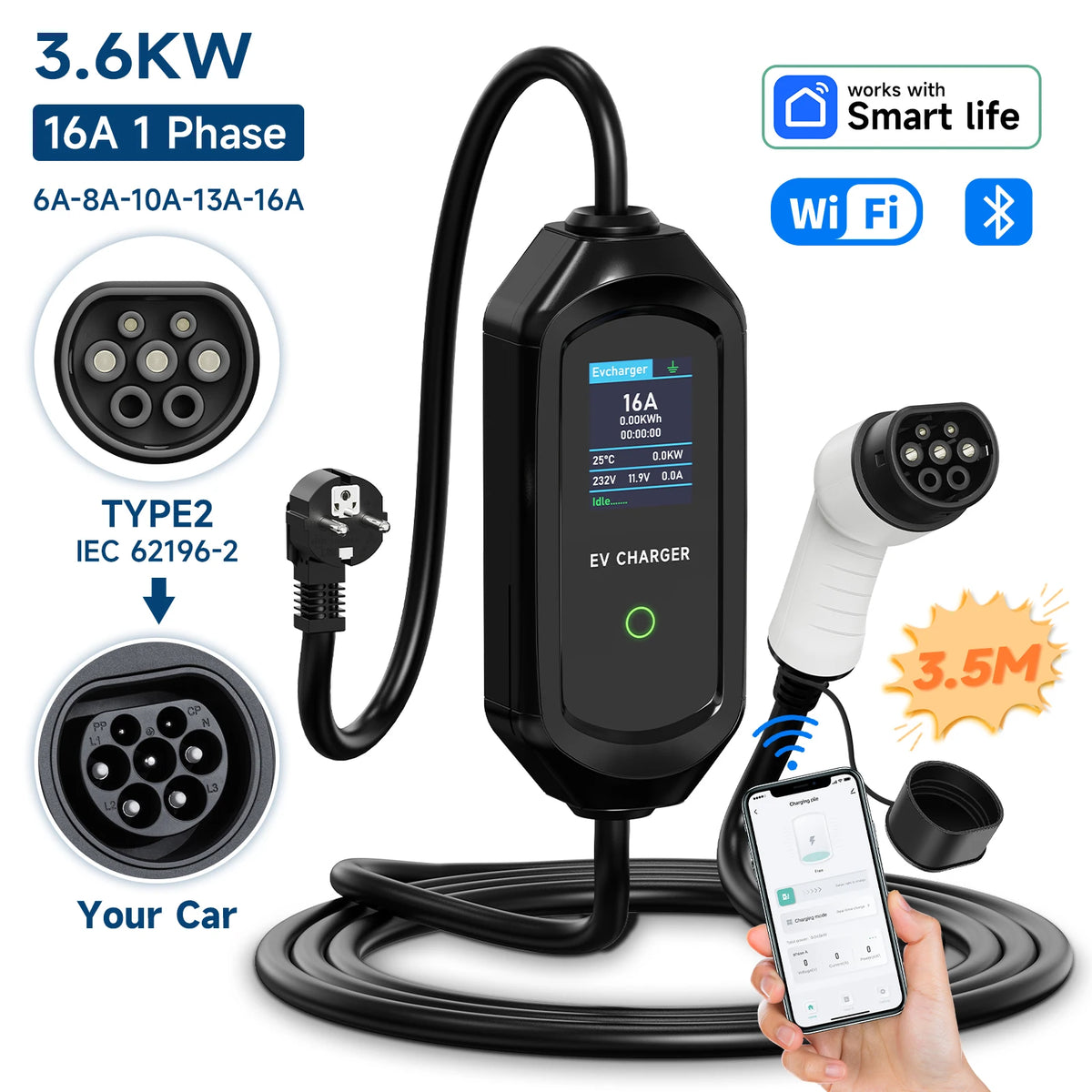 Cargador portátil EV 3.6kW 16A WiFi Tipo 2