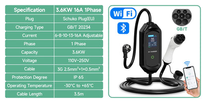 Cargador Portátil EV 3.6kW 16A – Tipo 1 SAE J1772 / Tipo 2 IEC 62196-2 / Tipo GBT