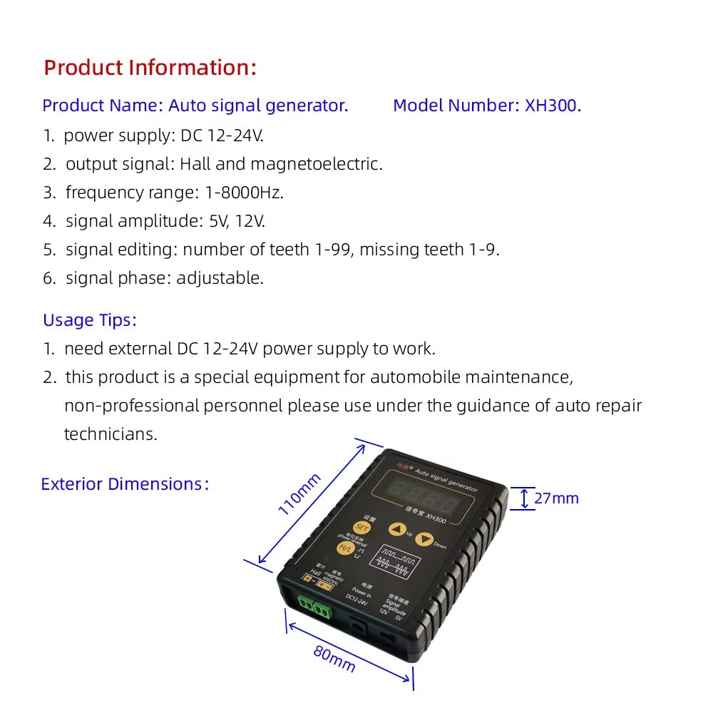 Simulador de Sensor Automotriz XH300 / XH-2 Generador de Señal Hall – Cigüeñal – Árbol de Levas (2 Hz a 8 kHz)
