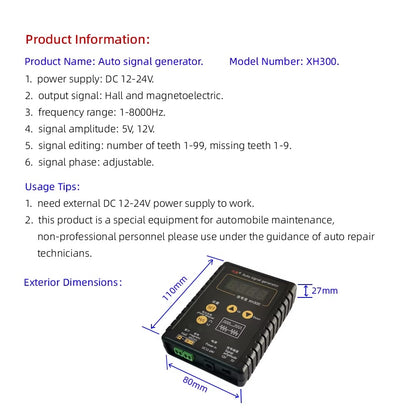 Simulador de Sensor Automotriz XH300 / XH-2 Generador de Señal Hall – Cigüeñal – Árbol de Levas (2 Hz a 8 kHz)