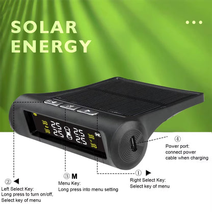 Sistema TPMS Solar 4 Sensores Externos – Monitor Presión Neumáticos