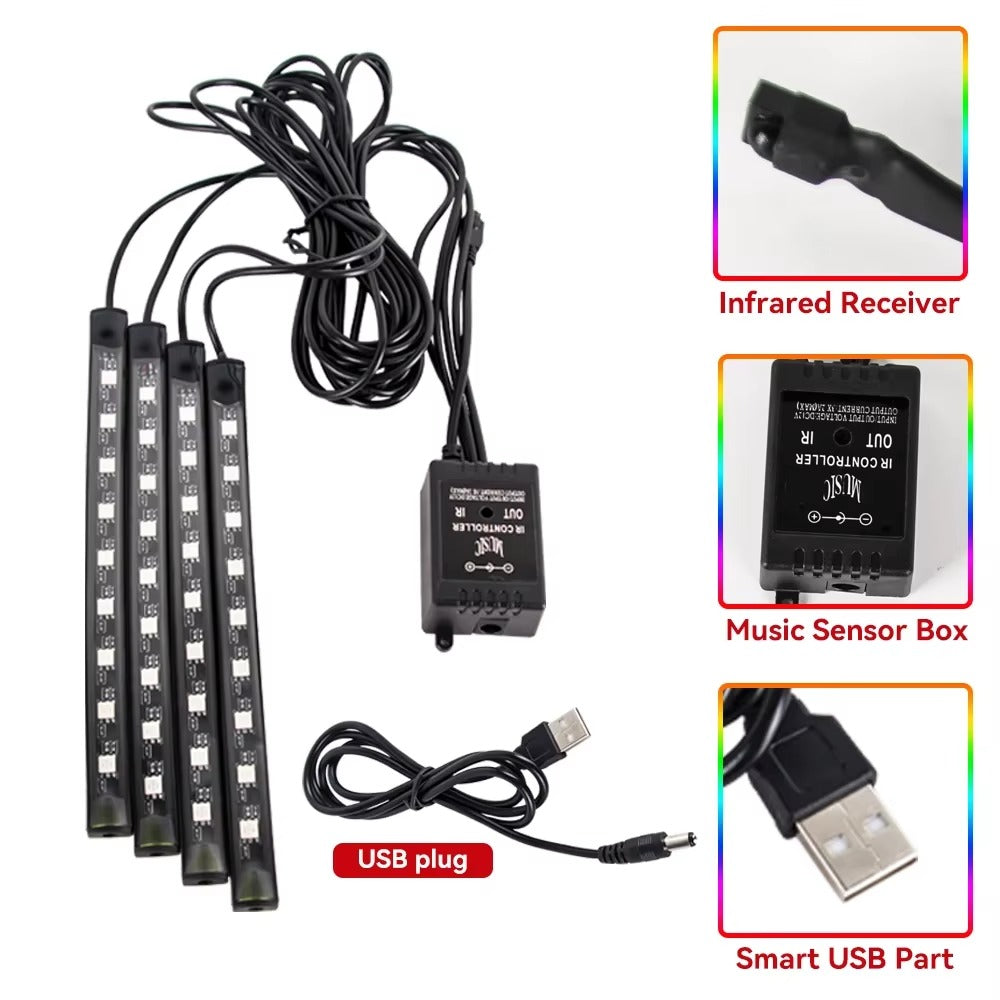 KIT DE NEÓN LED RGB PARA INTERIOR DE VEHÍCULOS – 48 LED, USB, CONTROL APP