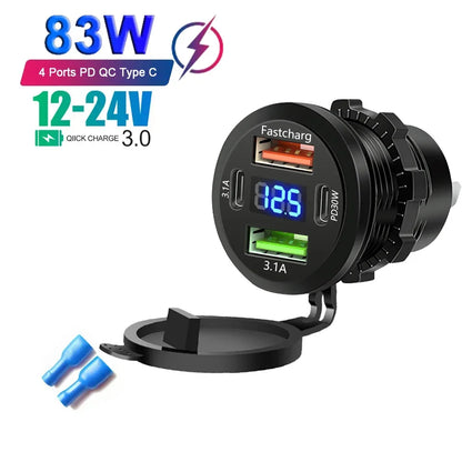 Cargador USB Tipo-C 4 Puertos 83W con Voltímetro 12V/24V para Auto, Moto y Embarcación - Resistente al Agua, con Cable
