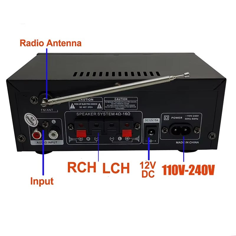 Amplificador de Audio Digital Bluetooth AK45 Estéreo 2.0 HiFi 350W x2 con FM, USB y Control Remoto