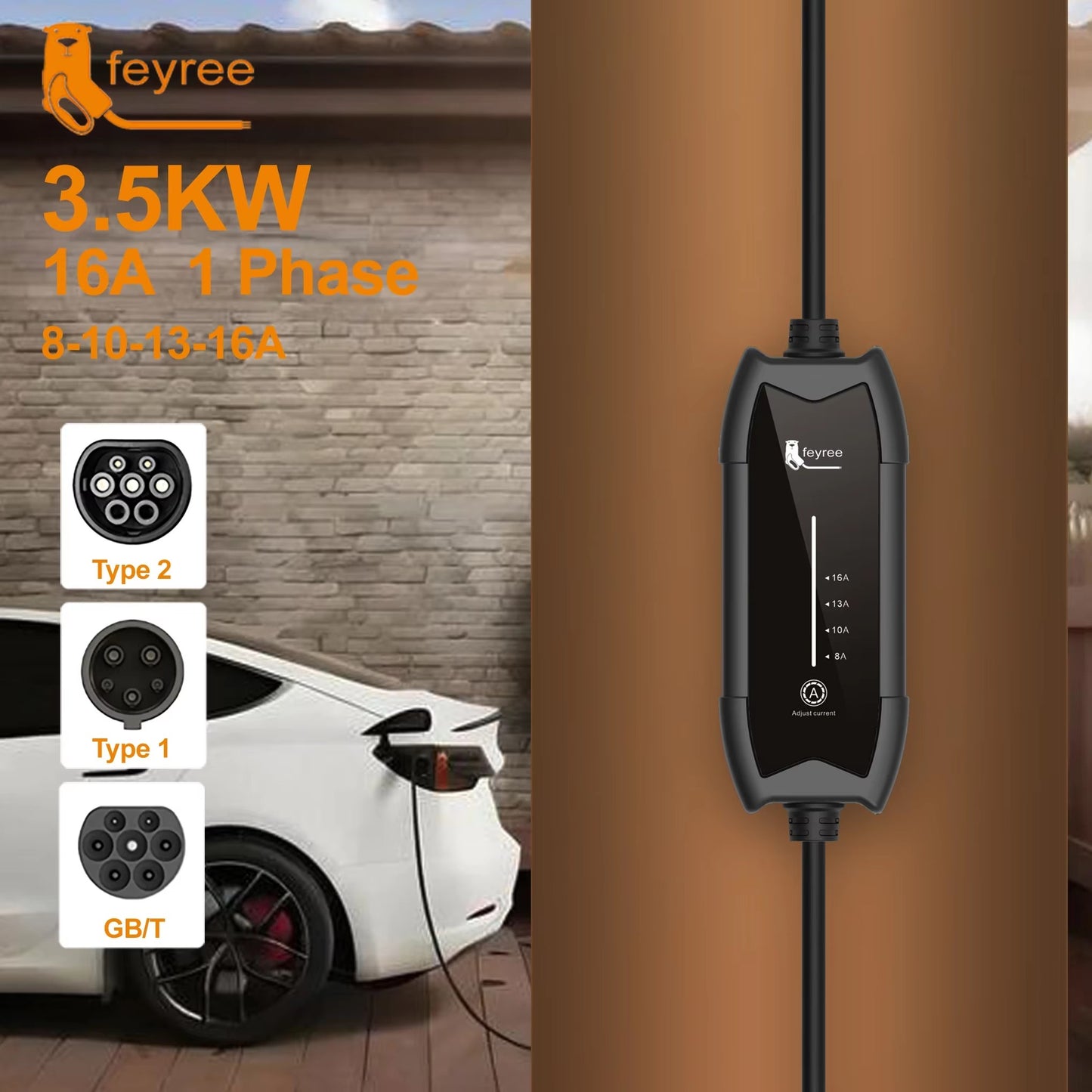Cargador Portátil para Auto Eléctrico Feyree Tipo 2 16A 3.5 kW 220V Monofásico