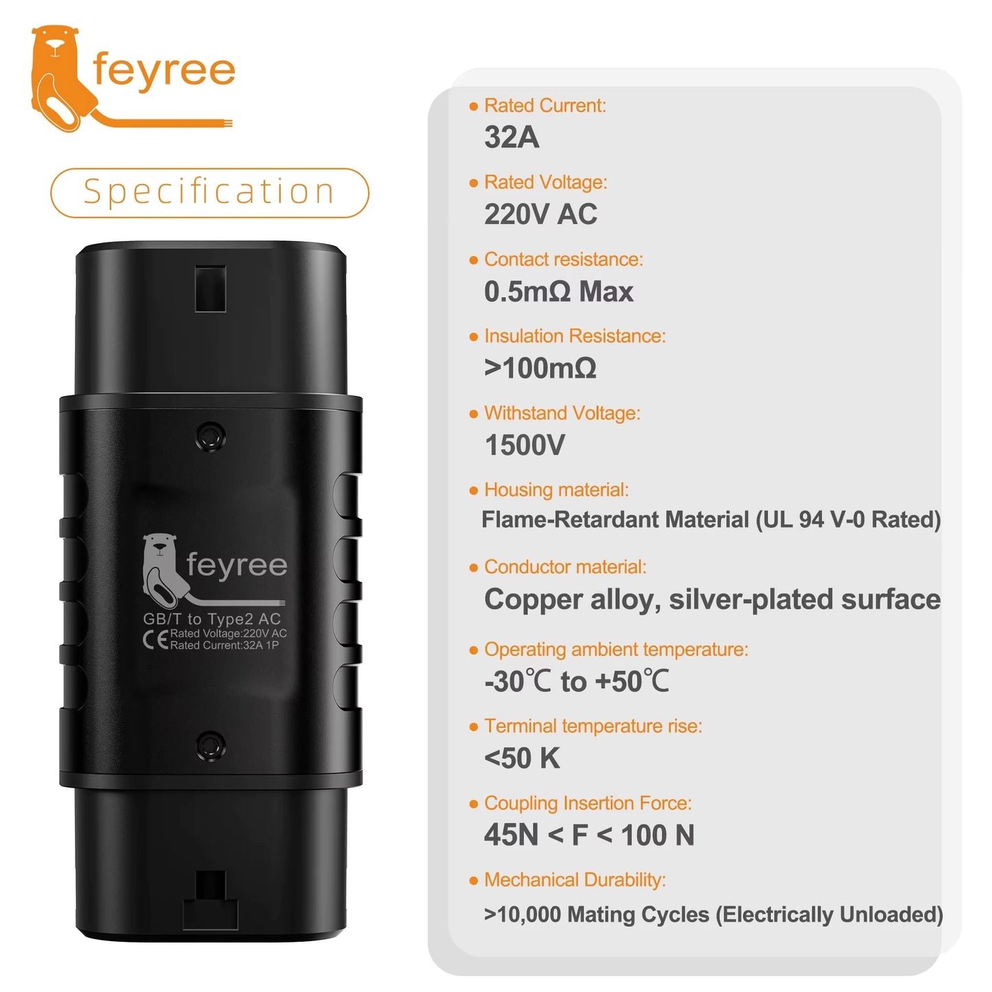 Adaptador EV GBT a Tipo 2 Feyree 32A Convertidor IEC 62196