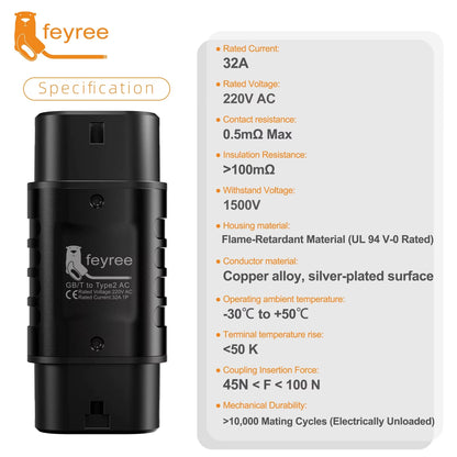 Adaptador EV GBT a Tipo 2 Feyree 32A Convertidor IEC 62196
