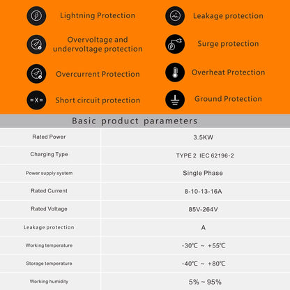 Cargador Portátil para Auto Eléctrico Feyree Tipo 2 16A 3.5 kW 220V Monofásico