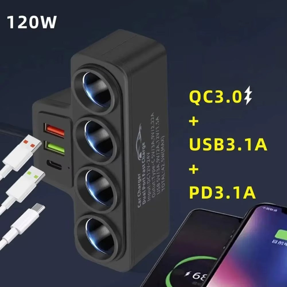 Encendedor de Cigarrillos para Coche + 3 Puertos USB – 120W (4 Tomas)