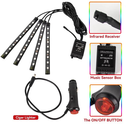 Kit de Neón LED Interior RGB USB – 36 LED Iluminación Ambiental para Vehículos Control App + Música