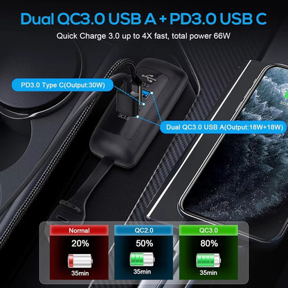 Cargador USB 3 Puertos para Auto/Moto 12V–24V – PD 30W + QC3.0 Dual Resistente al Agua