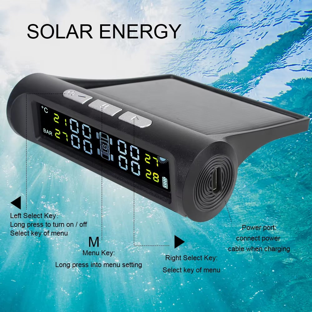 Sistema TPMS Solar 4 Sensores Externos – Monitor Presión Neumáticos