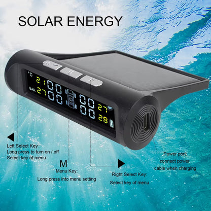 Sistema TPMS Solar 4 Sensores Externos – Monitor Presión Neumáticos