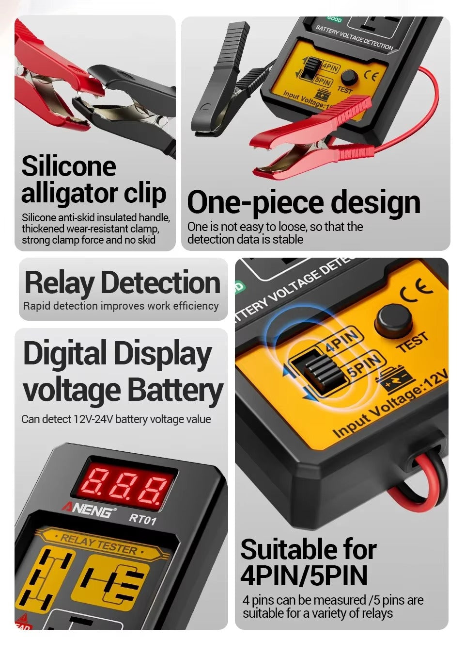 Probador de Relé Automotriz ANENG RT01 Universal 11–25V – LED + Pinzas Cocodrilo