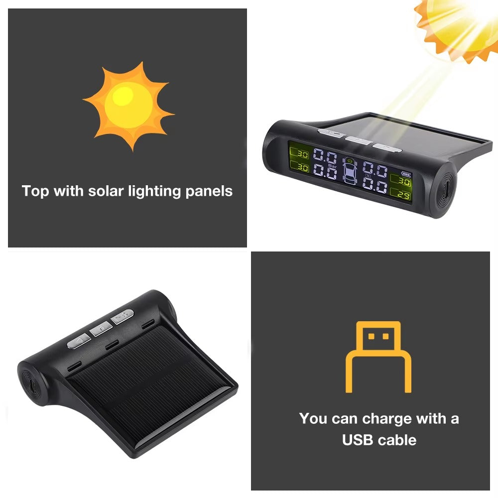 Sistema TPMS Solar 4 Sensores Externos – Monitor Presión Neumáticos
