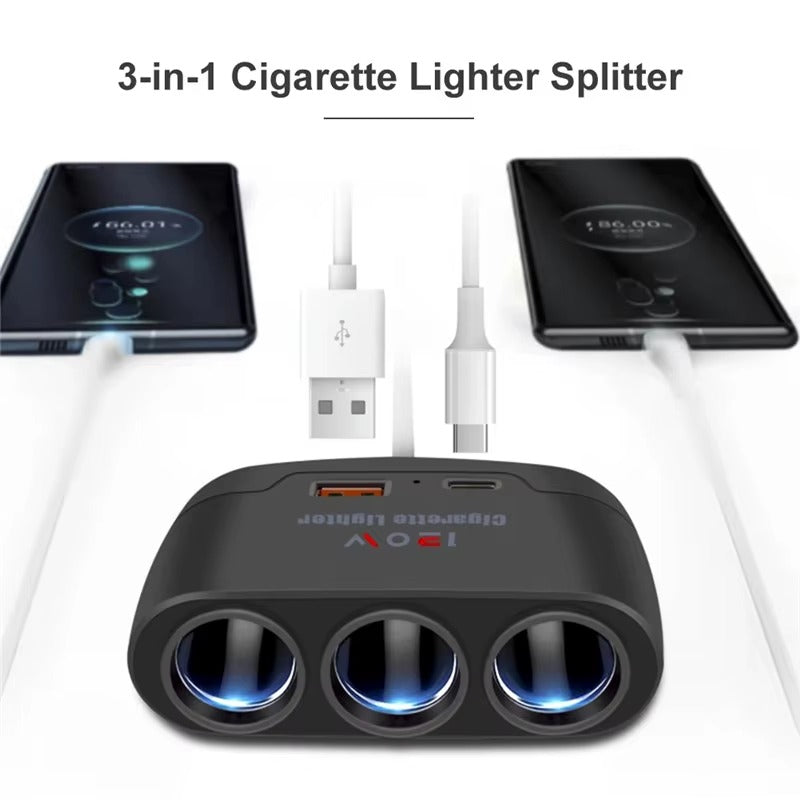 Cargador Encendedor 3 en 1 con Puertos USB y Tipo-C – 12V / 120W