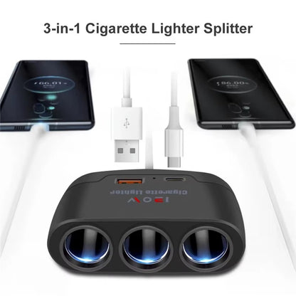 Cargador Encendedor 3 en 1 con Puertos USB y Tipo-C – 12V / 120W