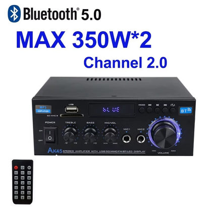 Amplificador de Audio Digital Bluetooth AK45 Estéreo 2.0 HiFi 350W x2 con FM, USB y Control Remoto