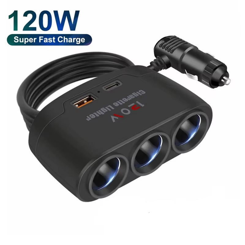 Cargador Encendedor 3 en 1 con Puertos USB y Tipo-C – 12V / 120W