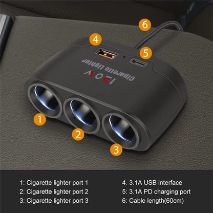 Cargador Encendedor 3 en 1 con Puertos USB y Tipo-C – 12V / 120W
