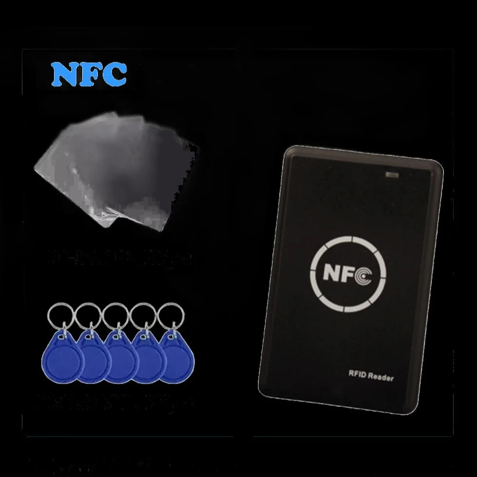 Lector/Escritor Duplicador RFID NFC 125KHz/13.56MHz - Programador USB T5577 Copiadora de Tarjetas y Llaveros (Set 4: Equipo + Cable + 4 Llaveros)