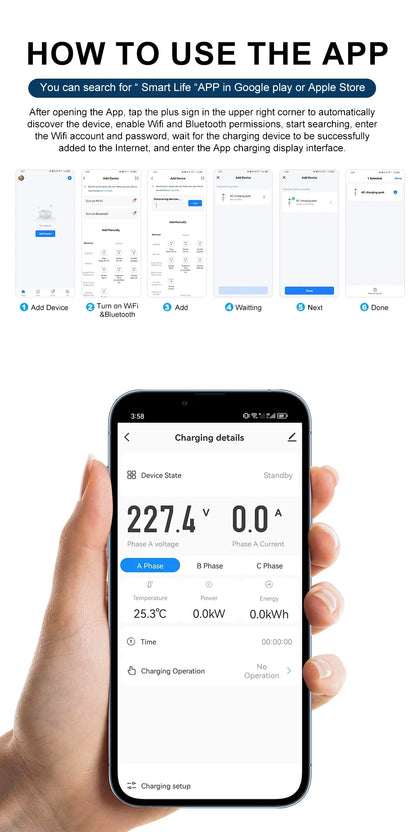 Cargador Portátil EV Tipo 2 AFEVV 7kW 32A con Control WiFi/Bluetooth
