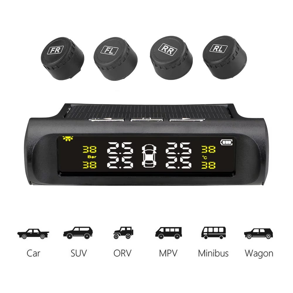 Sistema TPMS Solar 4 Sensores Externos – Monitor Presión Neumáticos