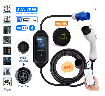 Cargador Portátil EV Tipo 2 AFEVV 7kW 32A con Control WiFi/Bluetooth