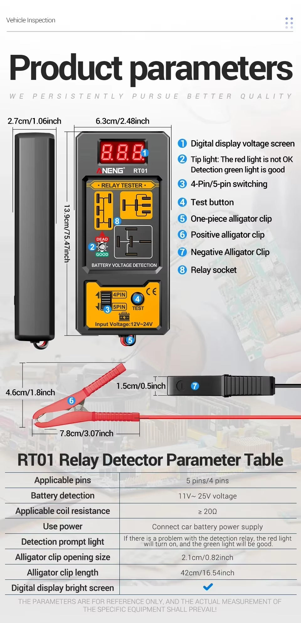 Probador de Relé Automotriz ANENG RT01 Universal 11–25V – LED + Pinzas Cocodrilo