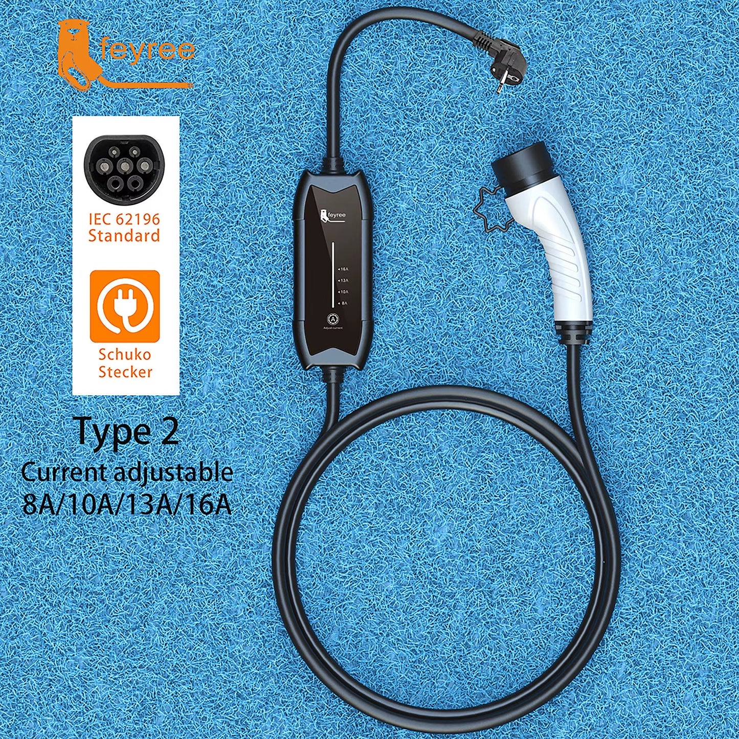 Cargador Portátil para Auto Eléctrico Feyree Tipo 2 16A 3.5 kW 220V Monofásico