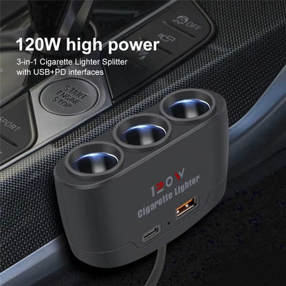 Cargador Encendedor 3 en 1 con Puertos USB y Tipo-C – 12V / 120W