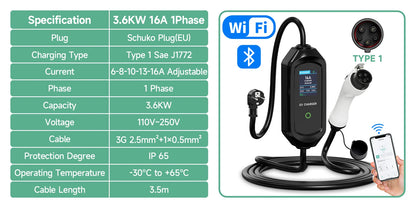 Cargador Portátil EV 3.6kW 16A – Tipo 1 SAE J1772 / Tipo 2 IEC 62196-2 / Tipo GBT