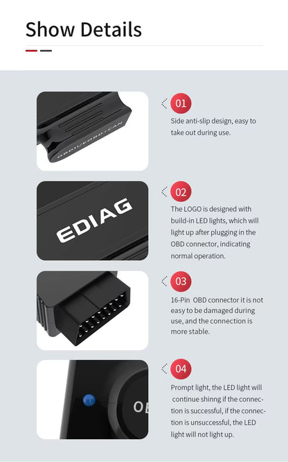 Interfaz de Diagnóstico EDIAG P03 (Bluetooth) – Escáner Automotriz OBD2 ELM327 V1.5
