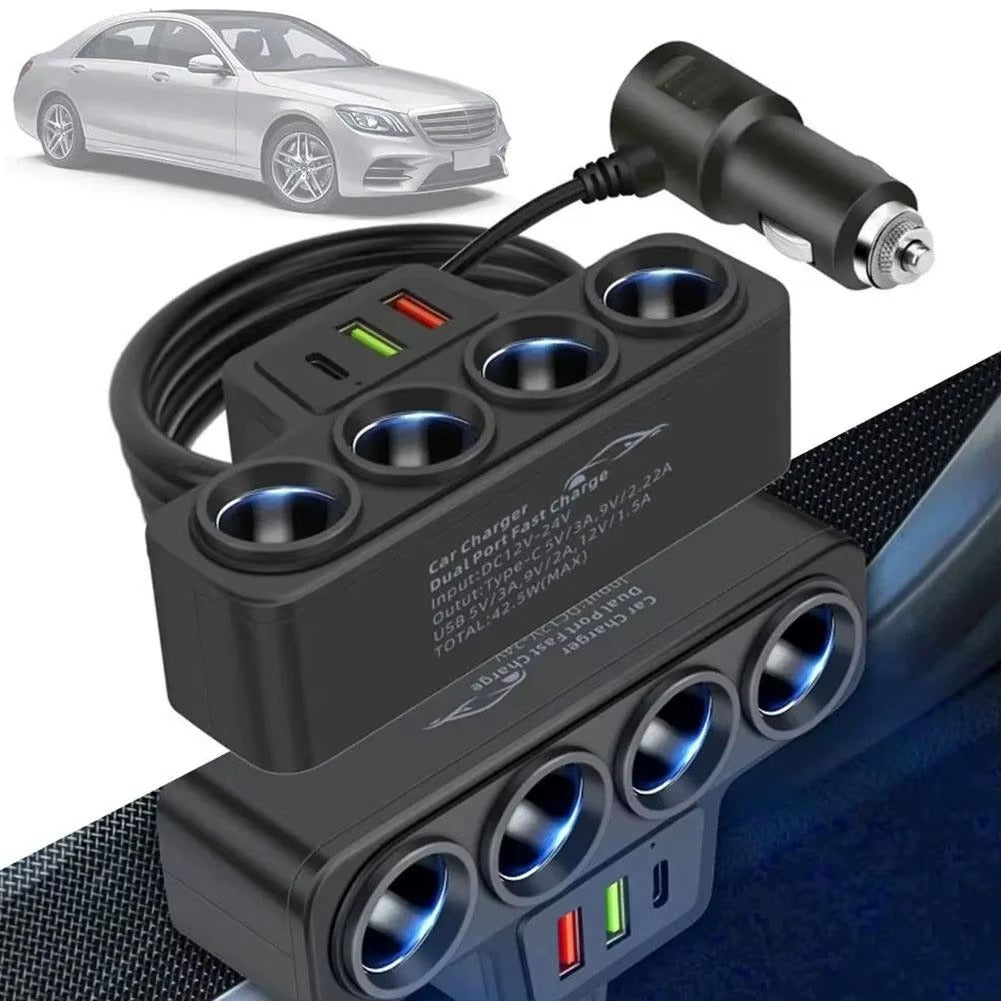 Encendedor de Cigarrillos para Coche + 3 Puertos USB – 120W (4 Tomas)