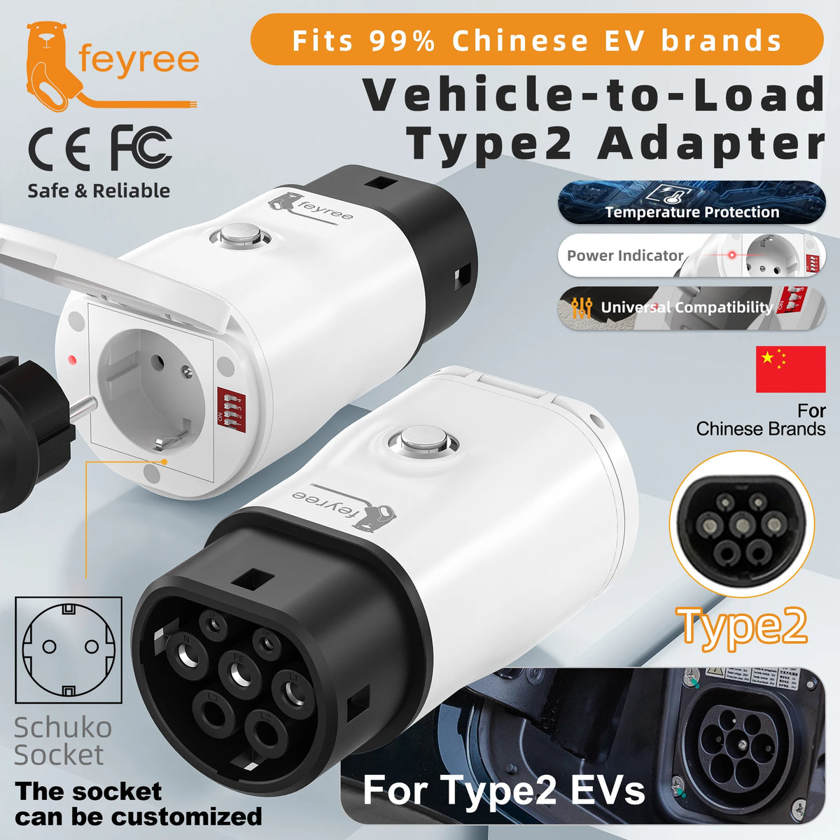 Adaptador V2L Feyree Tipo 2 a Schuko