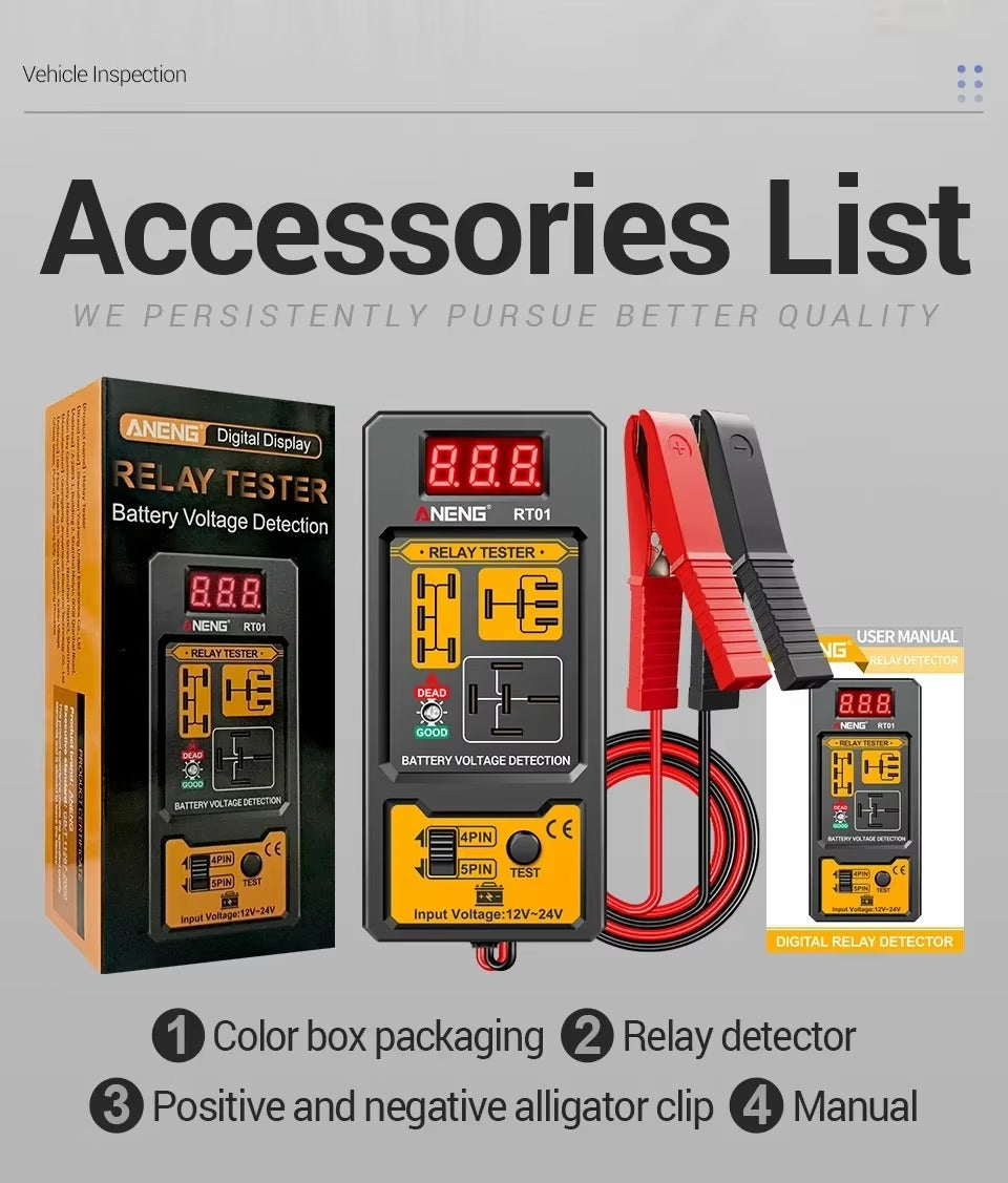 Probador de Relé Automotriz ANENG RT01 Universal 11–25V – LED + Pinzas Cocodrilo