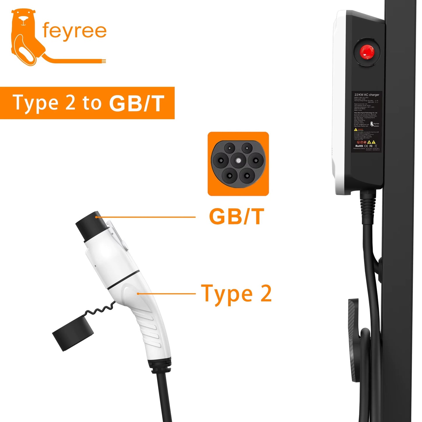 Adaptador EV Tipo 2 a GB/T 32A 22kW 3 Pines Feyree