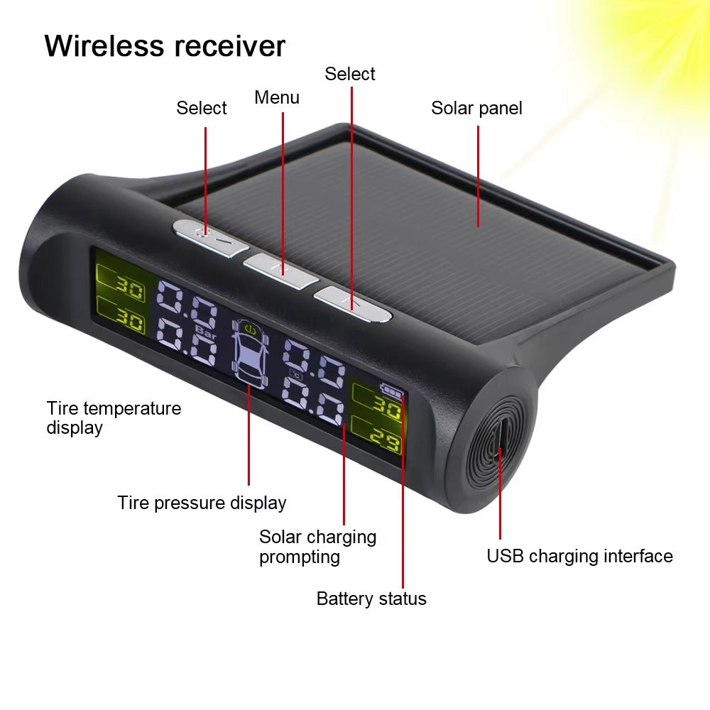 Sistema TPMS Solar 4 Sensores Externos – Monitor Presión Neumáticos