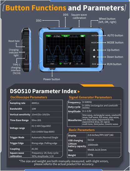 Osciloscopio Digital FNIRSI DSO510 con P6100 Generador de Señales 2 en 1