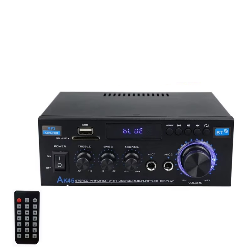 Amplificador de Audio Digital Bluetooth AK45 Estéreo 2.0 HiFi 350W x2 con FM, USB y Control Remoto