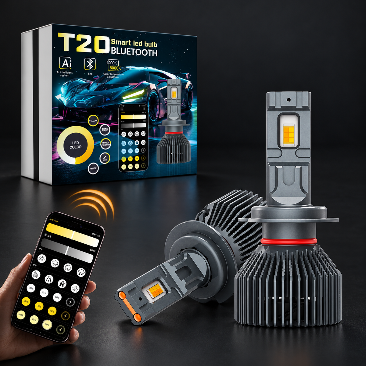 Bombillas LED Xenplus T20 170W App 3000K-8000K - portada sobre fondo negro