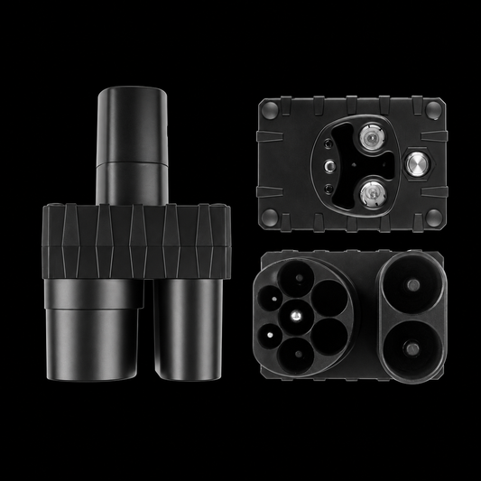 Adaptador CCS2 a Tesla, vistas frontal y de conectores sobre fondo negro