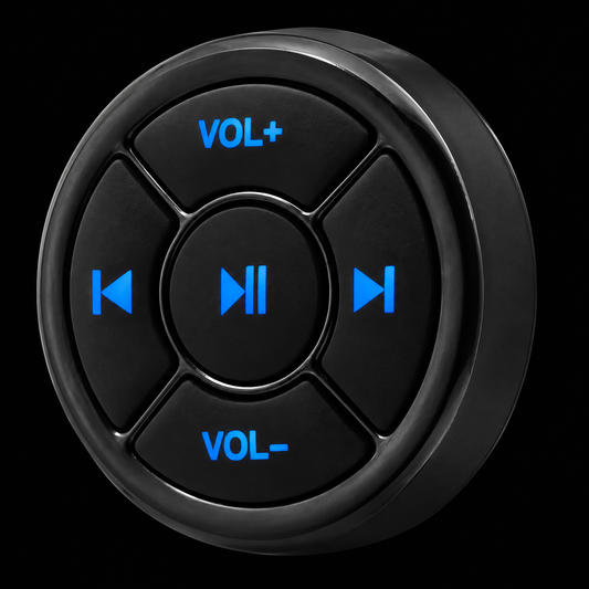 Botón Control Remoto Bluetooth Multimedia Universal para Volante sobre fondo negro